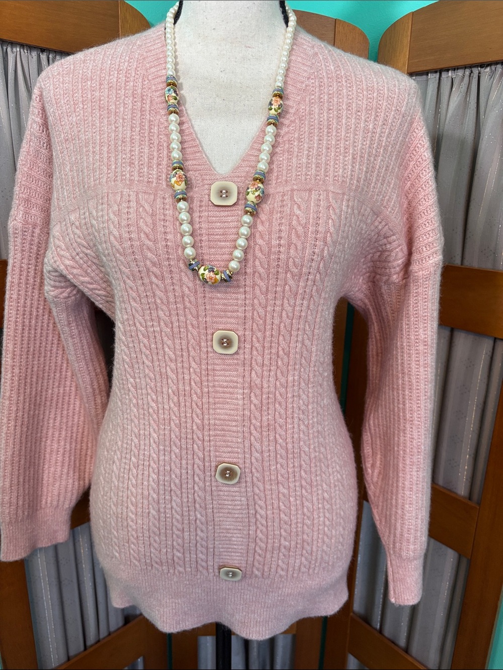 Classic Pink Cable-Knit Button-Front Cardigan